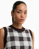 Barbour Amaya Check Knitted Vest in Brown/Cream ribbed neckline detail
