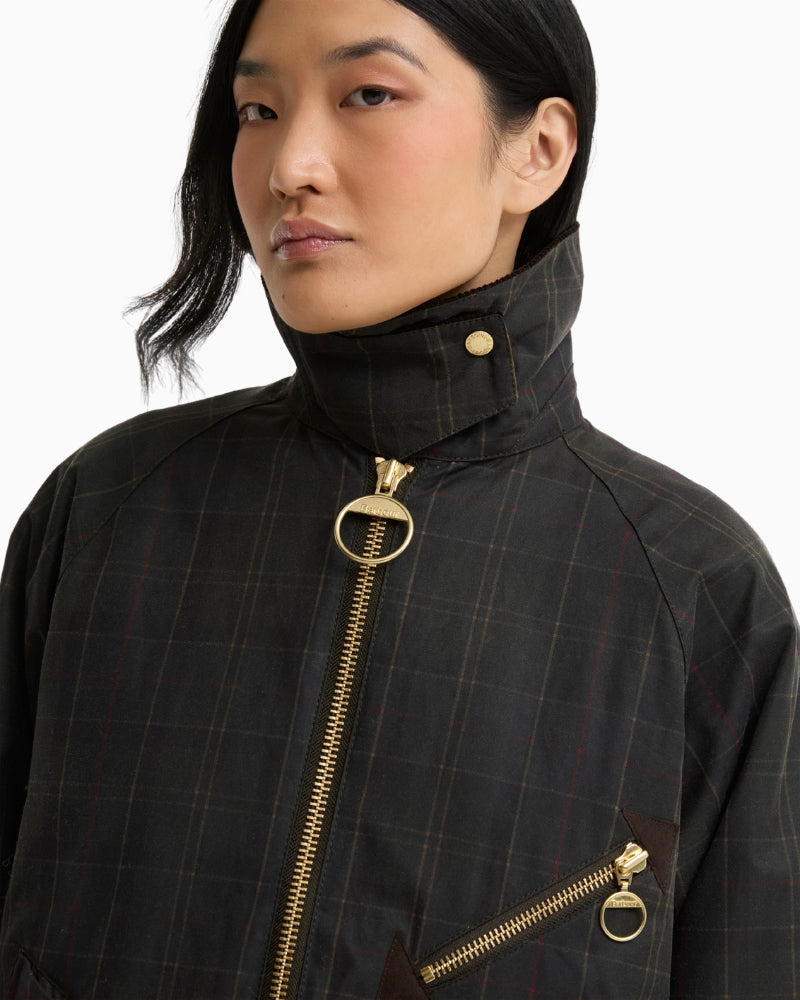 Barbour Arlene Checked Wax Jacket in Olive chest pocket and zip detail