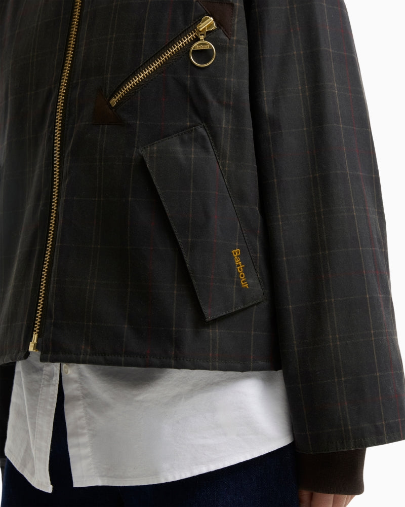Barbour Arlene Checked Wax Jacket in Olive side pocket and zip detail