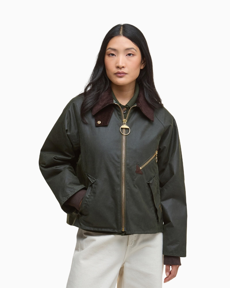 Barbour Arlene short wax jacket in olive with velvet collar and tartan lining