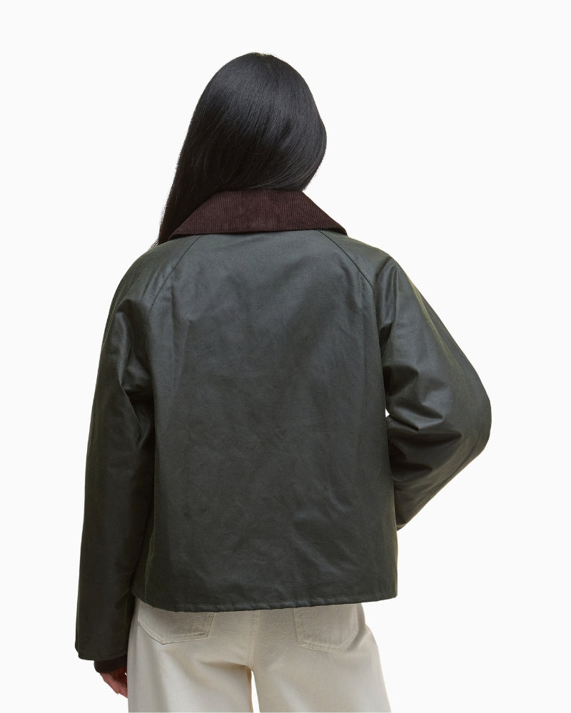 Back view of Barbour Arlene Jacket in olive showing straight cut and hem detail