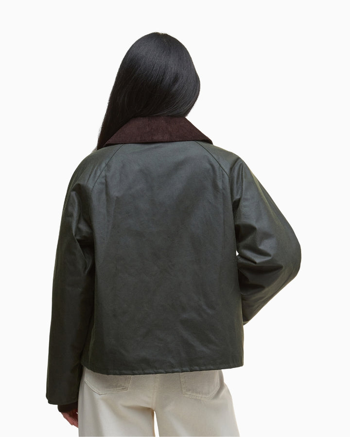 Back view of Barbour Arlene Jacket in olive showing straight cut and hem detail