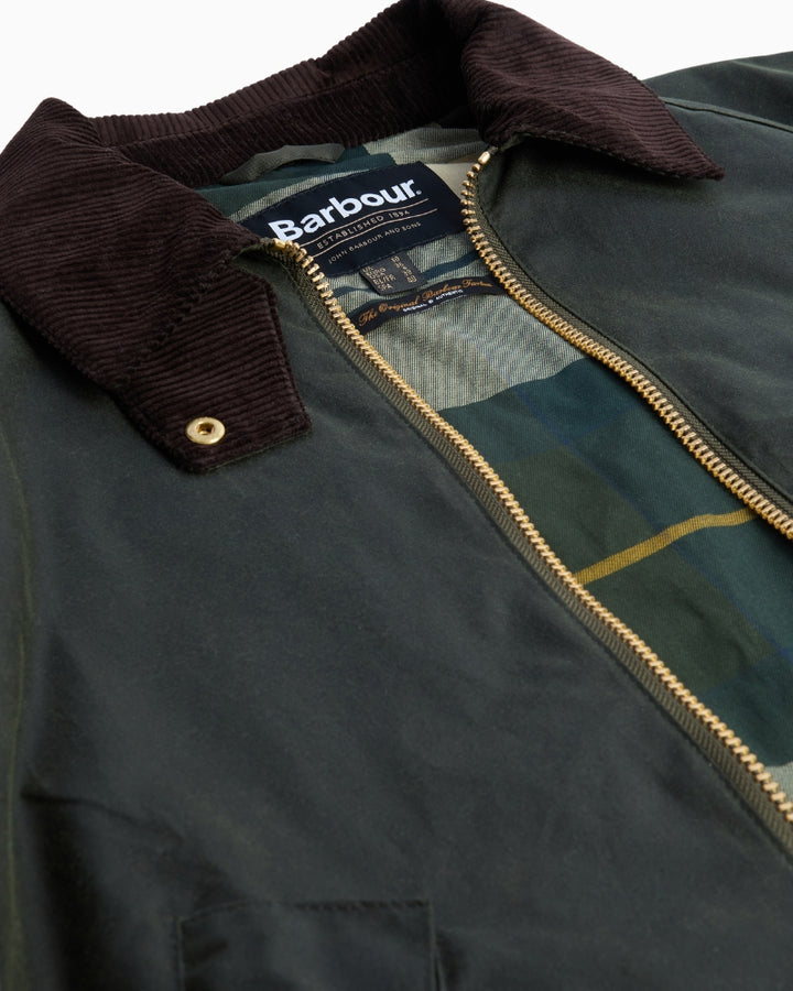 View of tartan lining inside the Barbour Arlene Wax Jacket, open to show inner design