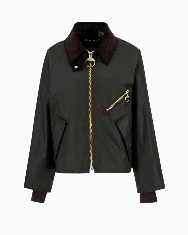 Detail of welt pockets and zippered chest pocket on Barbour Arlene olive cotton jacket