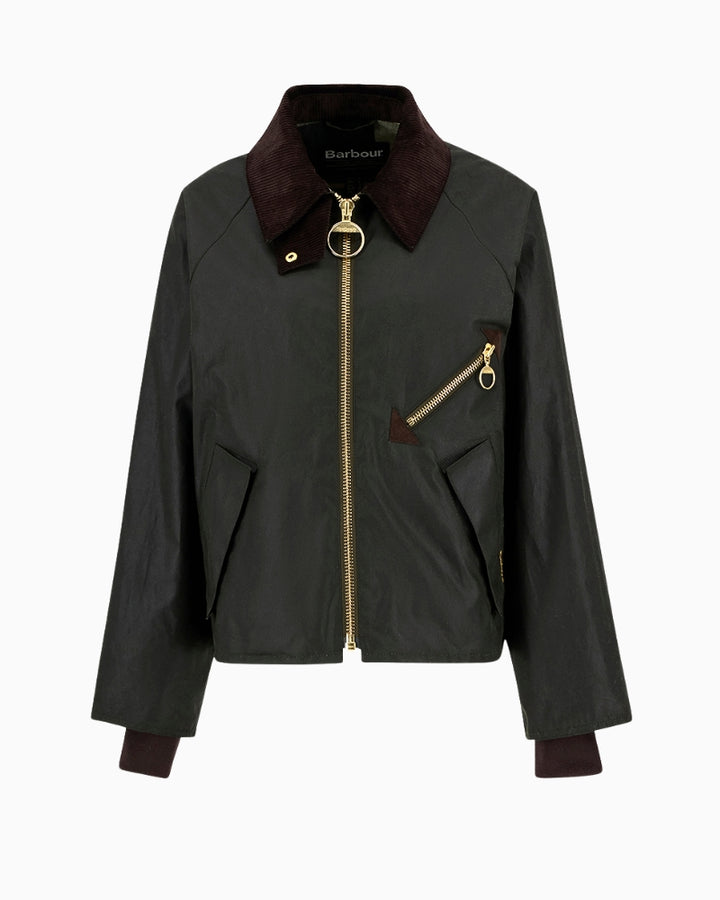 Detail of welt pockets and zippered chest pocket on Barbour Arlene olive cotton jacket