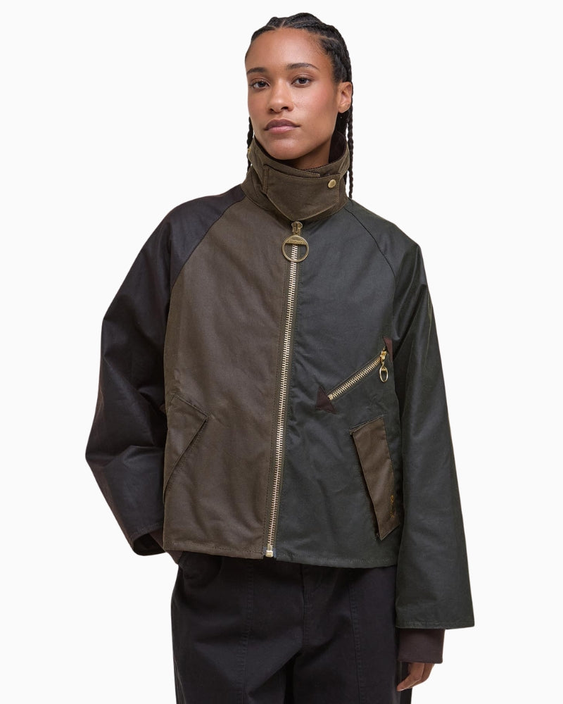 Barbour Arlene waxed jacket in dark green with corduroy collar and ring-pull zip
