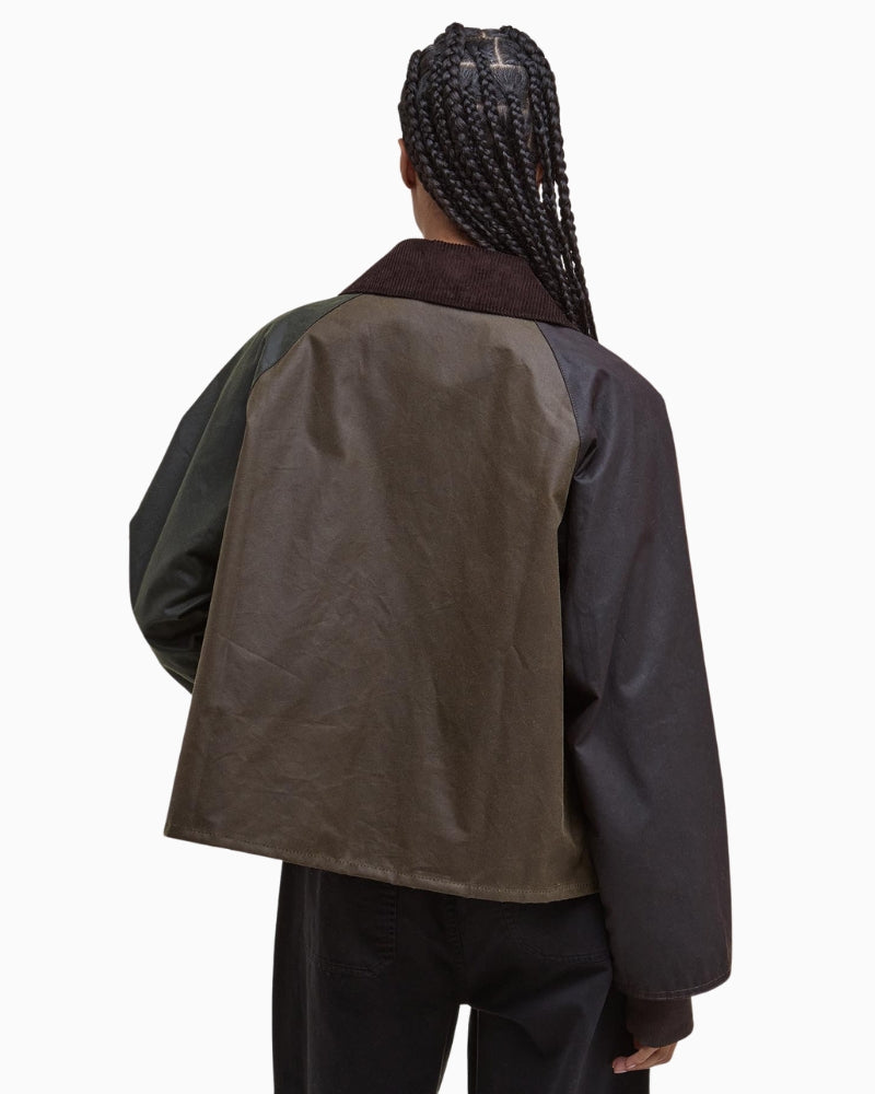 Back view of Barbour Arlene waxed cotton jacket with ribbed cuffs and cropped length