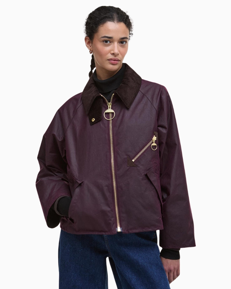 Front view of Barbour Arlene rustic waxed jacket with corduroy collar and chunky zip