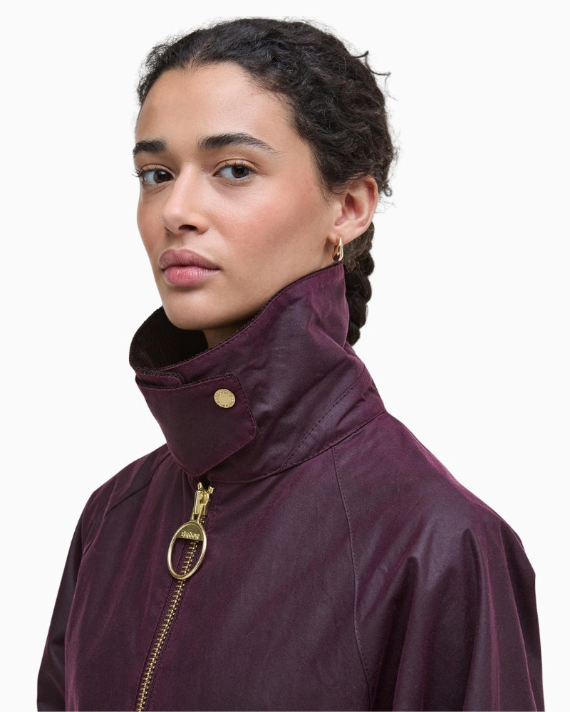 Close-up of cord collar and tartan lining on Barbour Arlene rustic jacket