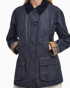 Barbour Beadnell Waxed Jacket in navy close up detail