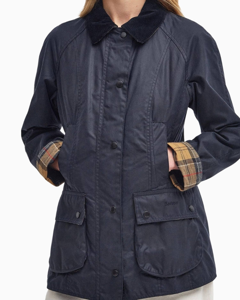 Barbour Beadnell Waxed Jacket in navy close up detail
