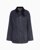 Barbour Beadnell Waxed Jacket in navy front flat view
