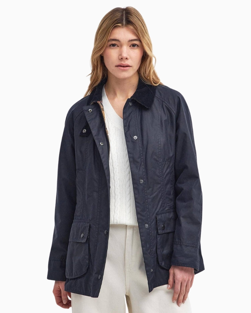 Barbour Beadnell Waxed Jacket in navy front view