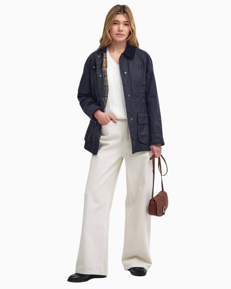 Barbour Beadnell Waxed Jacket in navy full model view