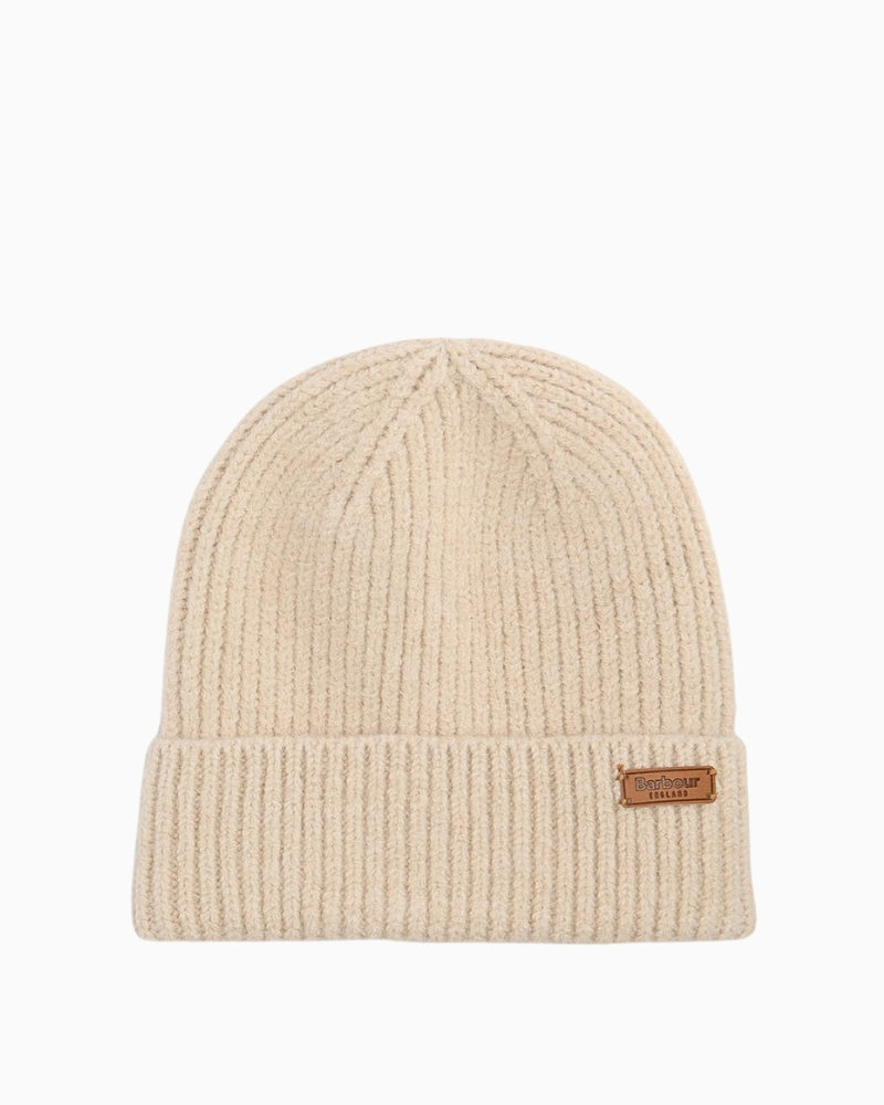 Flat lay of Barbour scarf and beanie set in beige