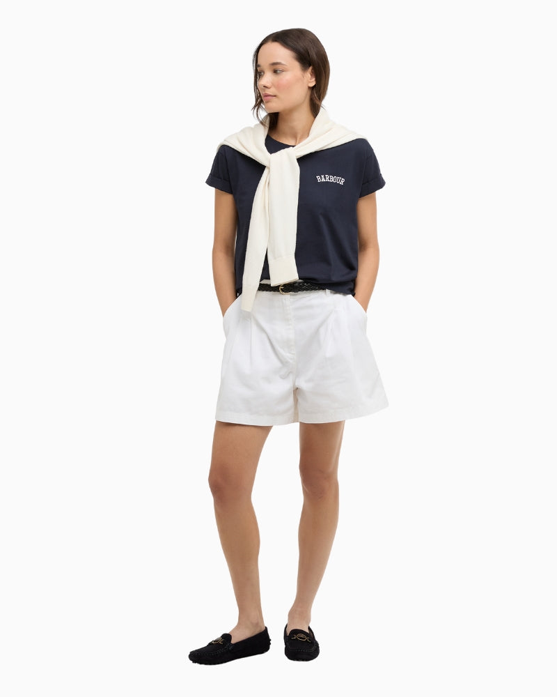 Woman wearing Barbour Bede T-shirt navy casual outfit – Áines Boutique