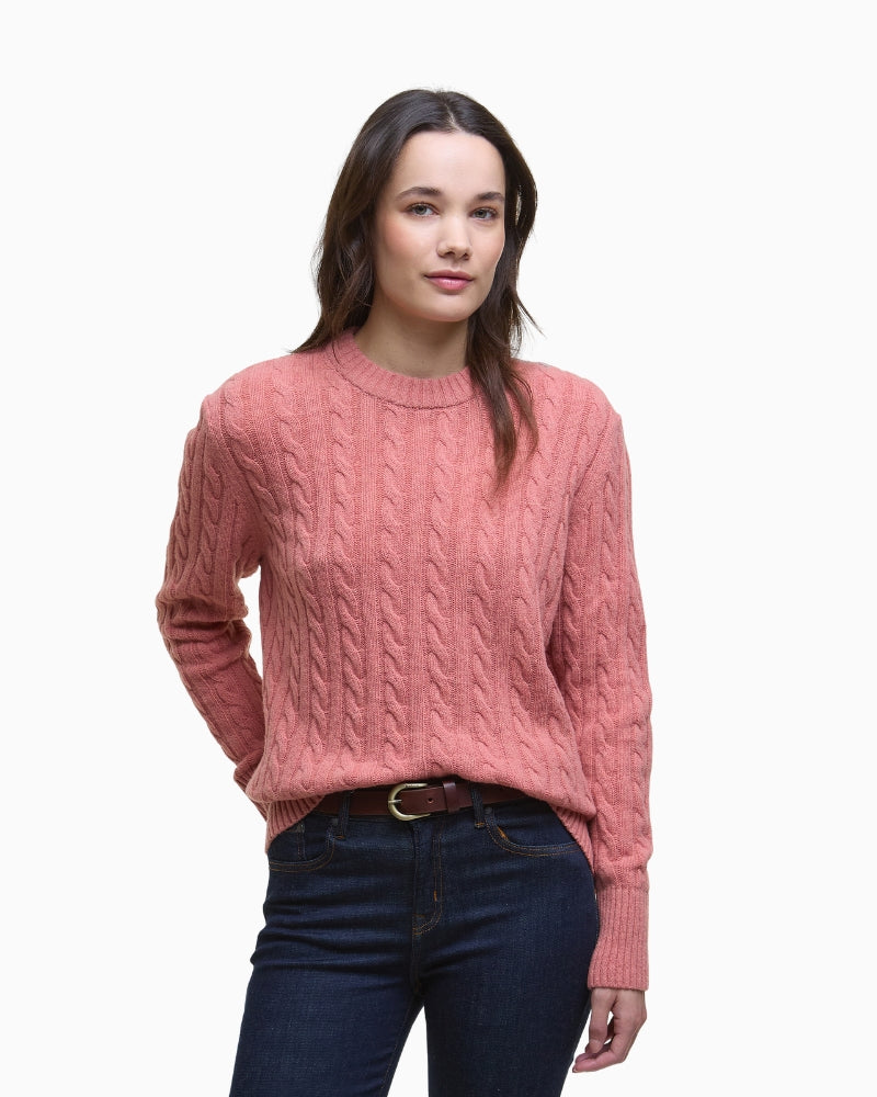 Front view of the Barbour Belford Jumper in Arabesque Pink, worn with jeans