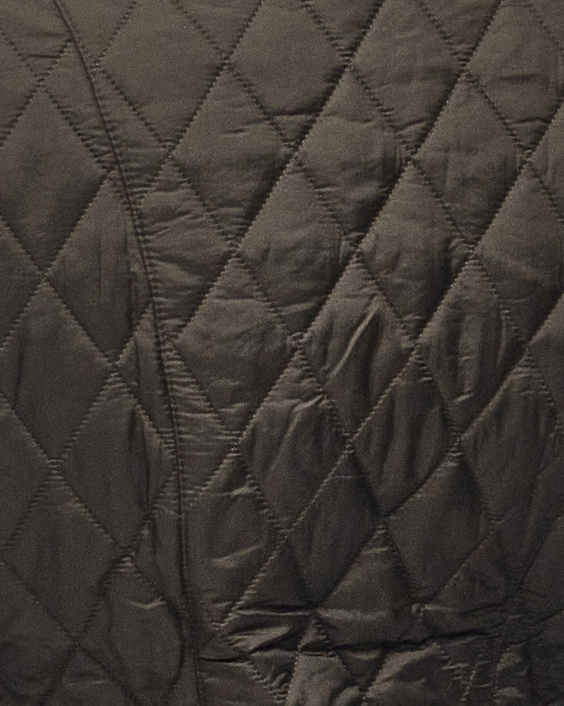 Close-up of diamond quilt stitching on olive liner