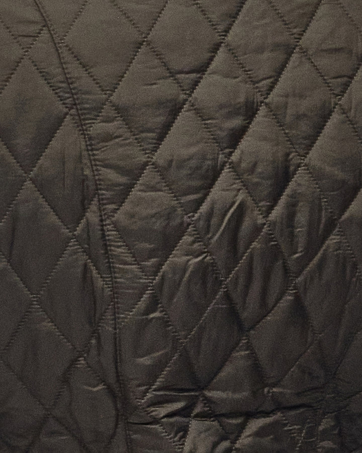 Close-up of diamond quilt stitching on olive liner
