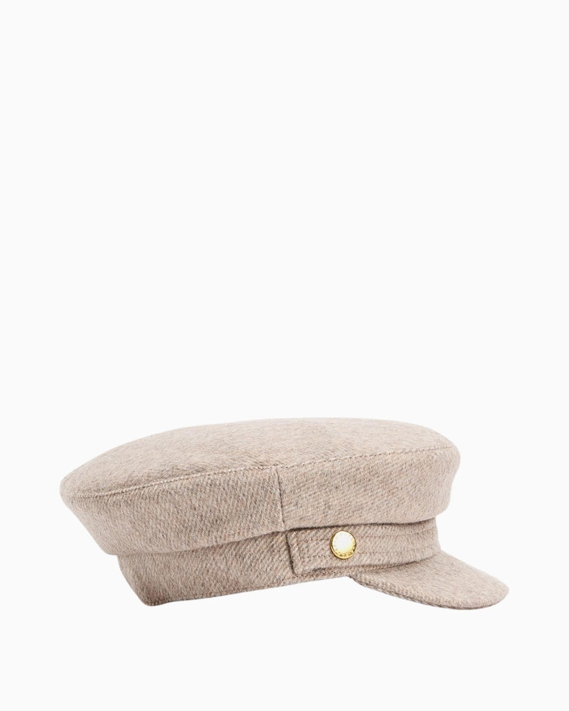 Side view of Barbour Bothal Bakerboy Cap showing brass stud detail