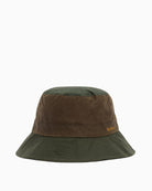 Barbour Brackley Waxed Bucket Hat in olive with wide brim and tartan lining