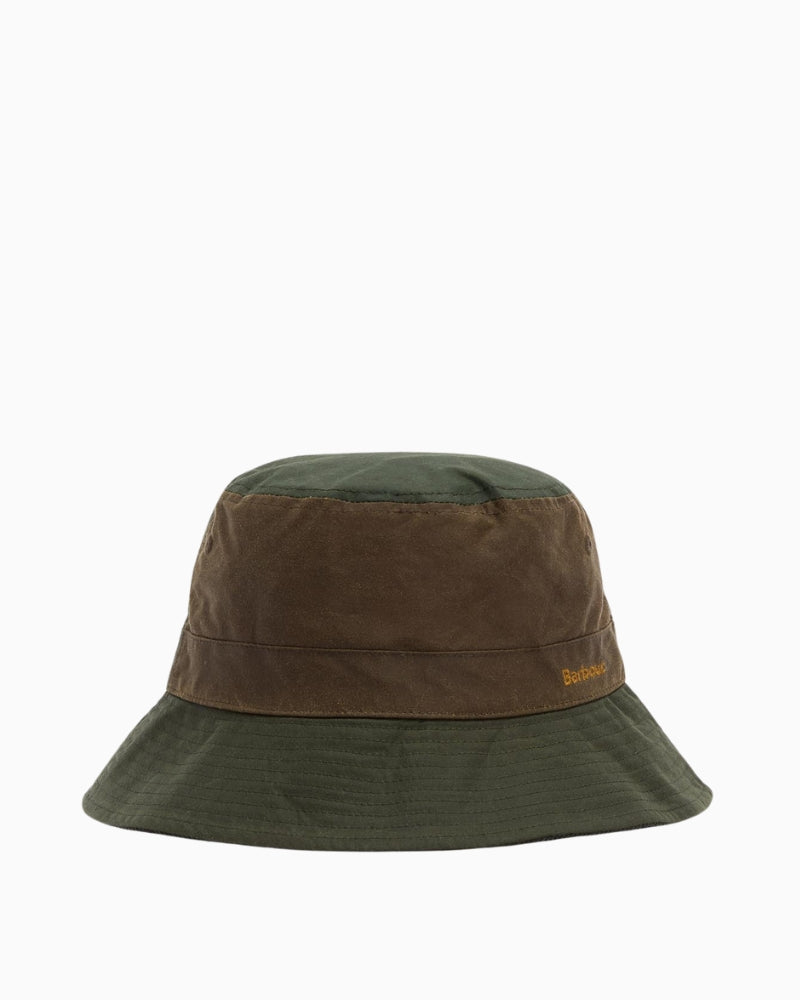 Barbour Brackley Waxed Bucket Hat in olive with wide brim and tartan lining