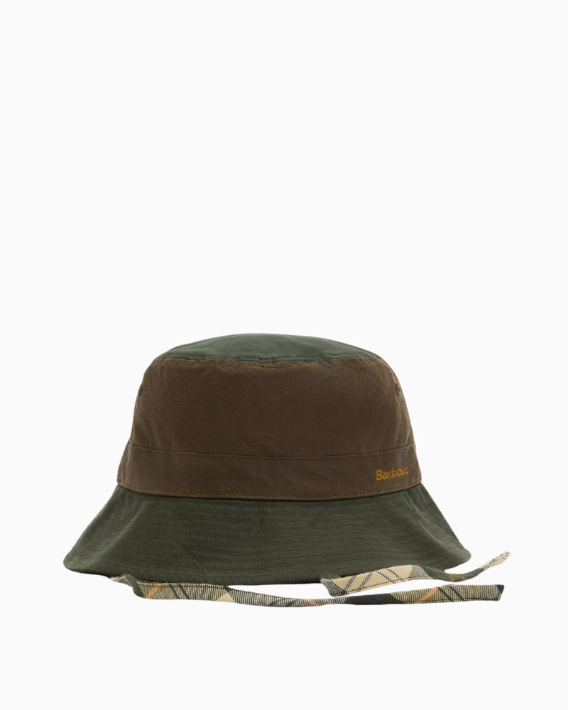 Front angled view of Barbour bucket hat with oversized brim