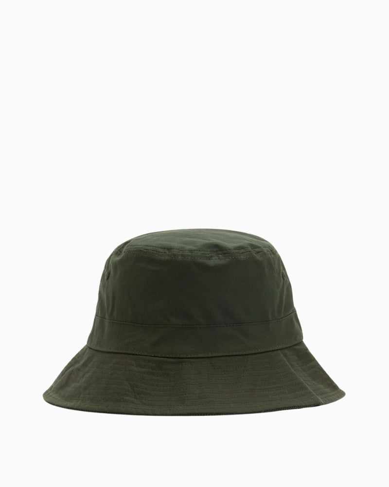 Back view of Barbour Brackley bucket hat showing wide brim and ties
