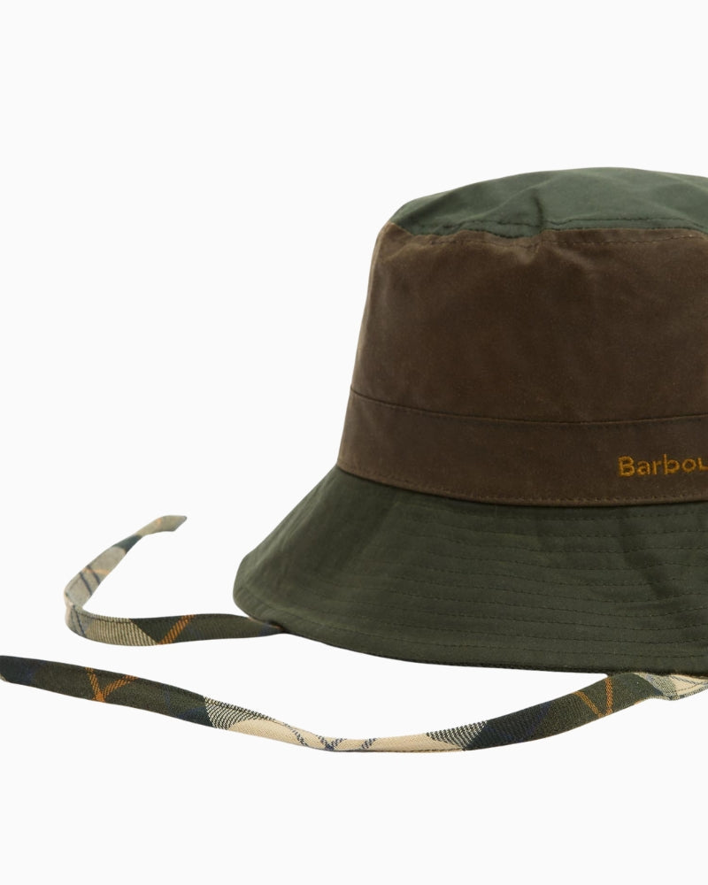 Side view of Barbour olive bucket hat with cord trim and Barbour logo