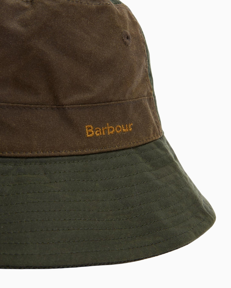 lose-up of Barbour embroidery on olive waxed cotton fabric