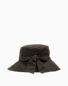 Barbour Brambling Wax Bucket Hat in Olive back view with decorative tie
