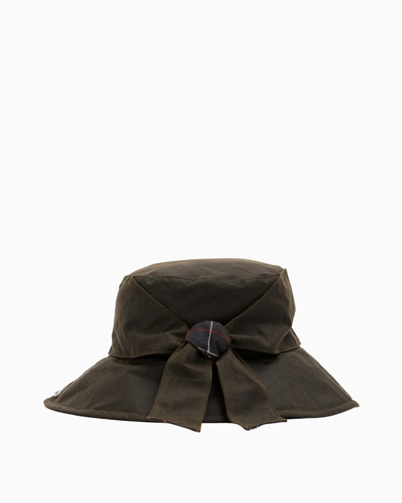 Barbour Brambling Wax Bucket Hat in Olive back view with decorative tie
