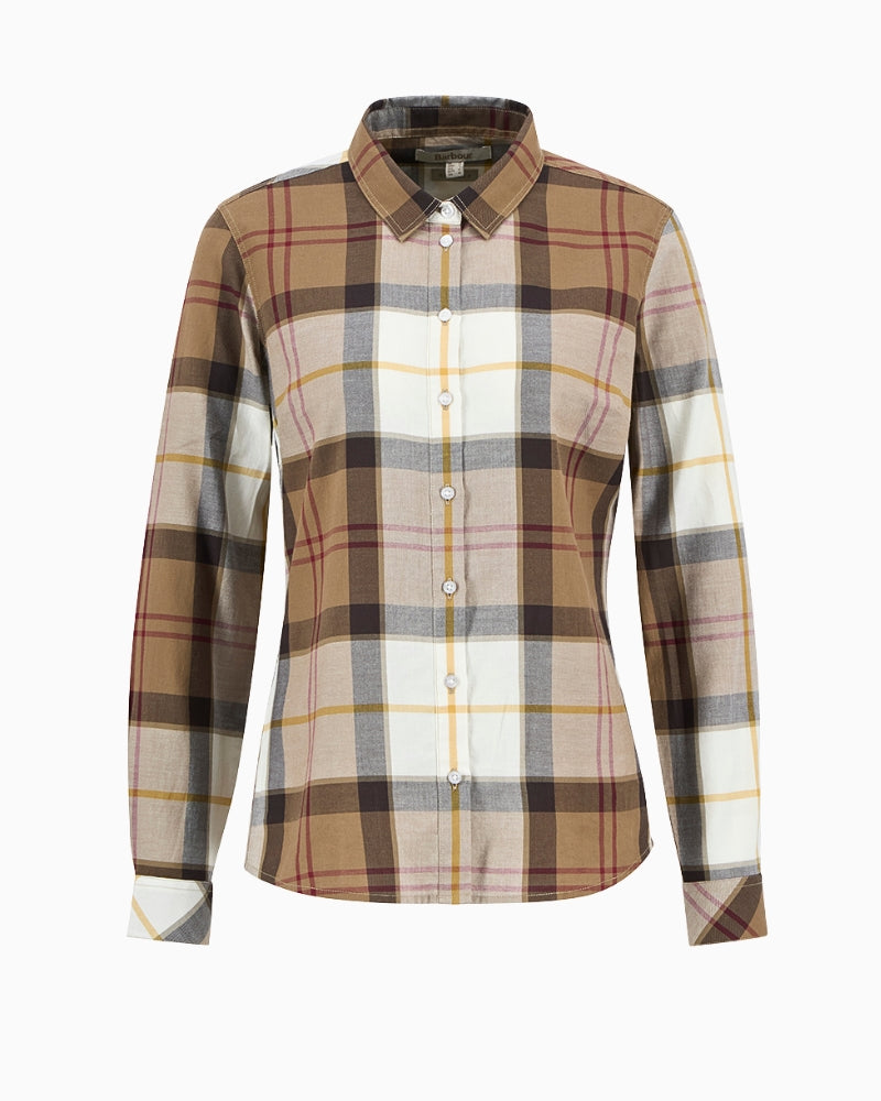 Front view of women’s tartan Barbour shirt