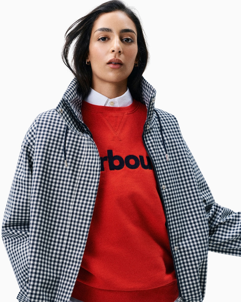 Barbour Bronwyn check showerproof jacket navy unzipped  view – Áines Boutique