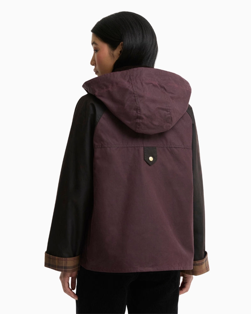 Barbour Carville Wax Jacket in Bordeaux back view with hood