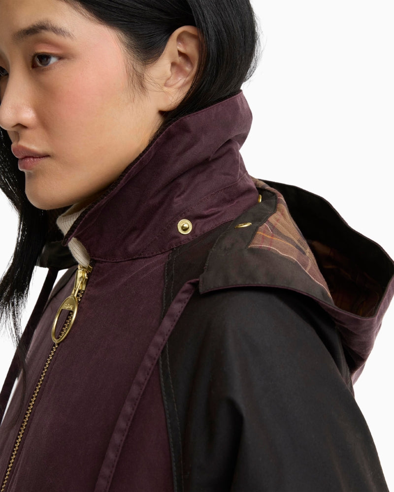 Barbour Carville Wax Jacket in Bordeaux collar and hood detail
