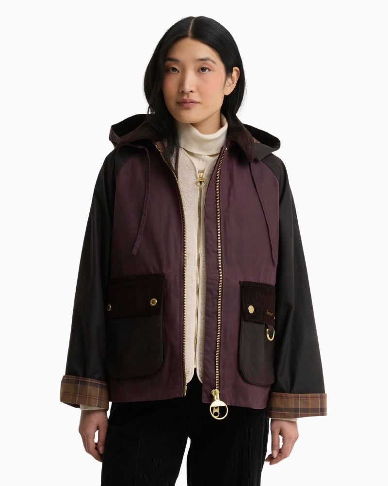 Barbour Carville Wax Jacket in Bordeaux front view worn open