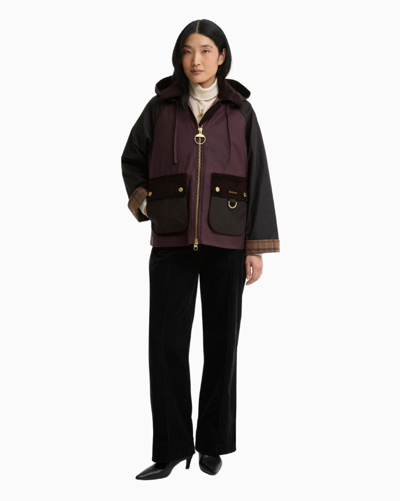 Barbour Carville Wax Jacket in Bordeaux styled front view
