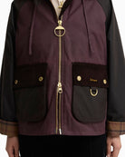 Barbour Carville Wax Jacket in Bordeaux zip-front detail