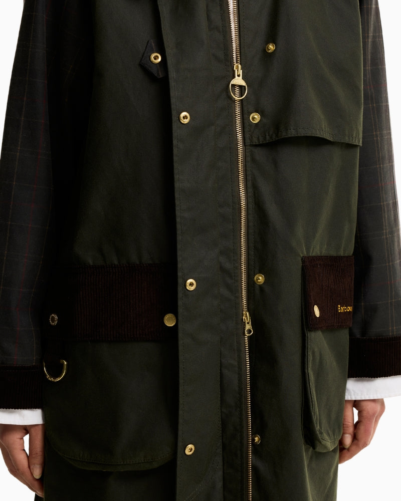 Barbour Checked Kirklees Wax Jacket in Olive front detail with zip and pockets