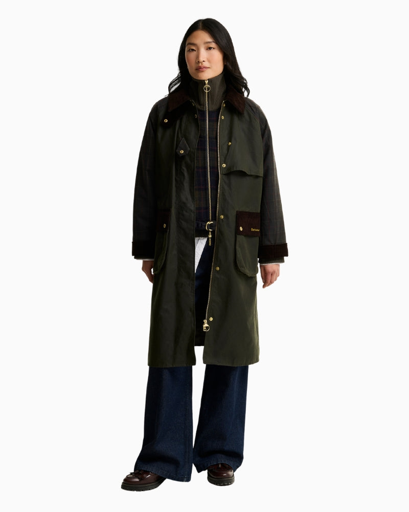 Barbour Checked Kirklees Wax Jacket in Olive styled front view
