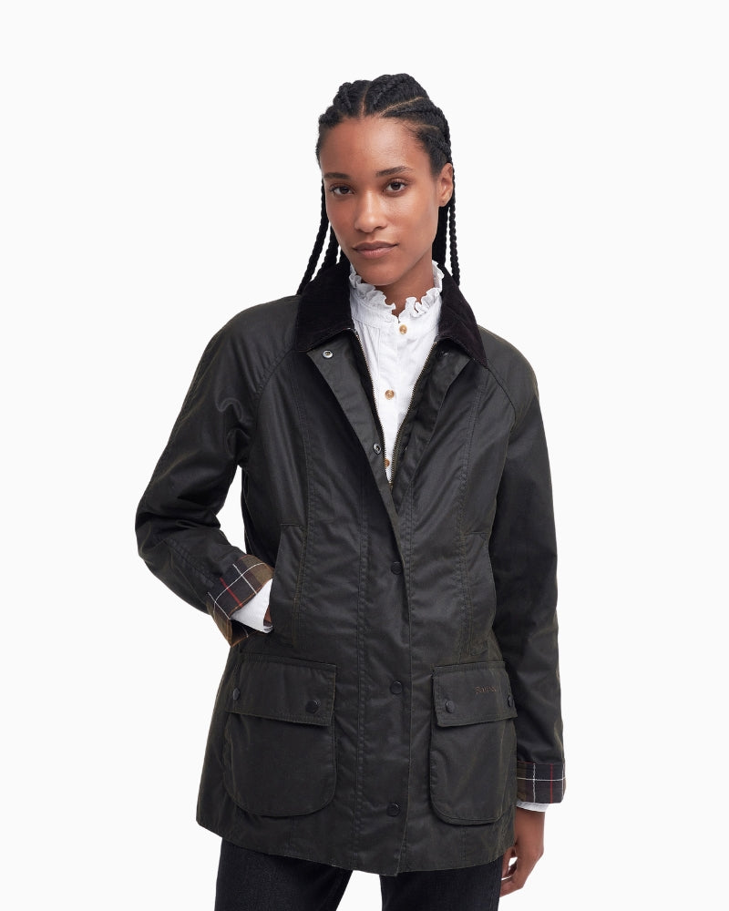 Front view of Barbour Classic Beadnell Jacket in olive wax cotton with corduroy collar