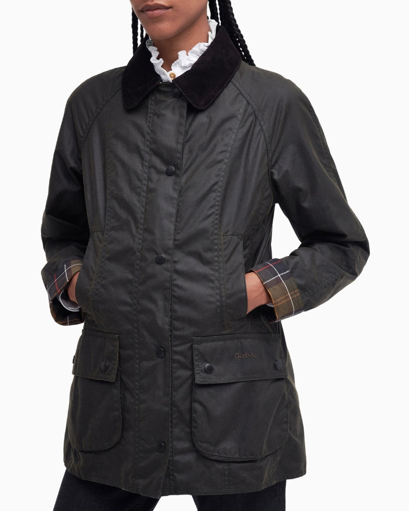 Moleskin-lined handwarmer pocket on Barbour Beadnell olive jacket