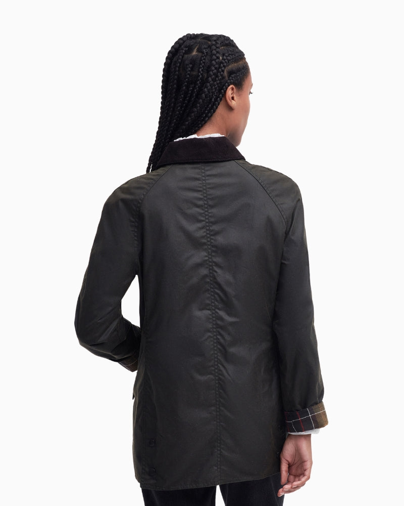 Back of Barbour Classic Beadnell showing hip-length and stitched panel details