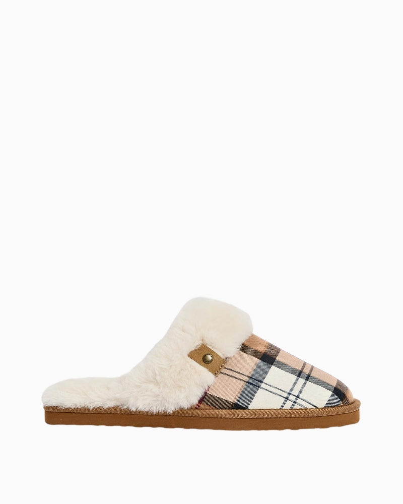 Side profile of Barbour Claudia Bark mule slippers showing faux-fur lining