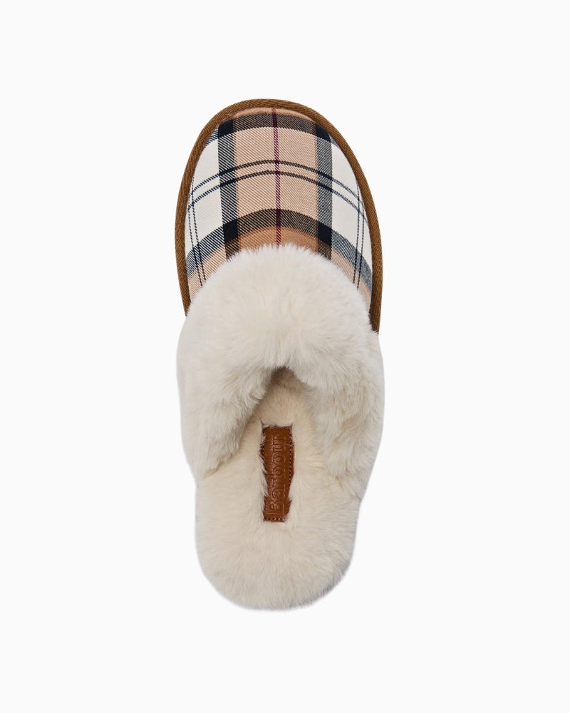 Front view of Barbour Claudia Tartan Mule Slippers in Bark with tartan trim