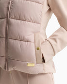 Barbour Conway Quilted Sweatshirt in Light Beige faux leather pocket detail