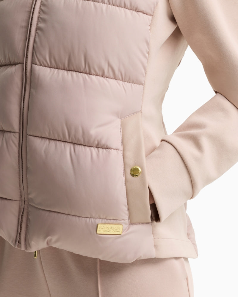 Barbour Conway Quilted Sweatshirt in Light Beige faux leather pocket detail
