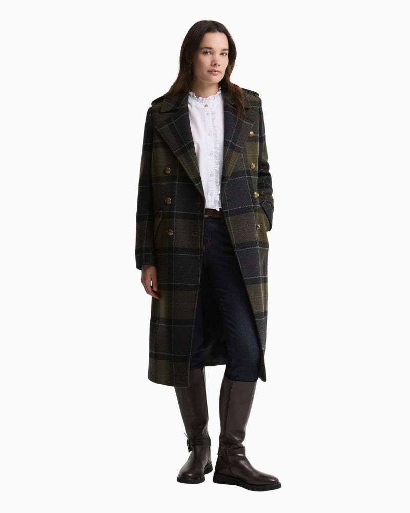 Barbour Cottemore checked wool coat styled with knee-high boots