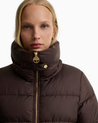 Barbour Cyrus Longline Puffer Jacket in brown  collar detail